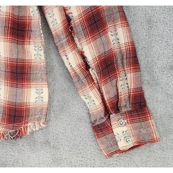 Idyll Wind Shirt Womens Large Red Cream Plaid Flannel Beaded Fringed Western Top - Picture 10 of 14